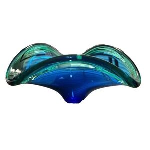 Vintage Murano Sargasso Style Blue Teal Rim Wave Bowl 7" X 7" Glass Centerpiece